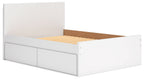 White panel platform bed with two side drawers and slatted base