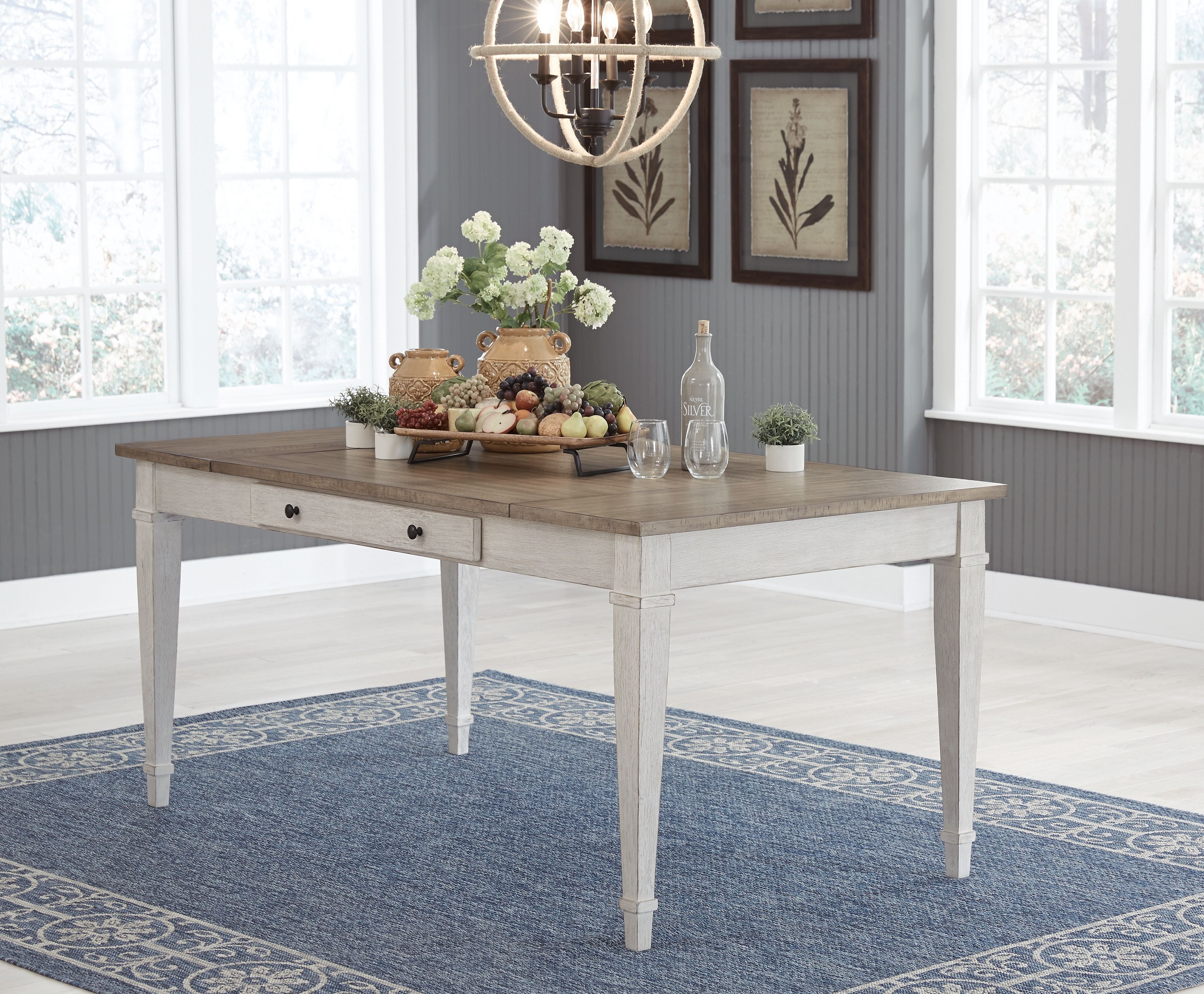 White rectangular storage table with two drawers and wood-look tabletop
