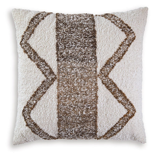 Ivory decorative pillow with brown geometric applique and stitched diamond pattern
