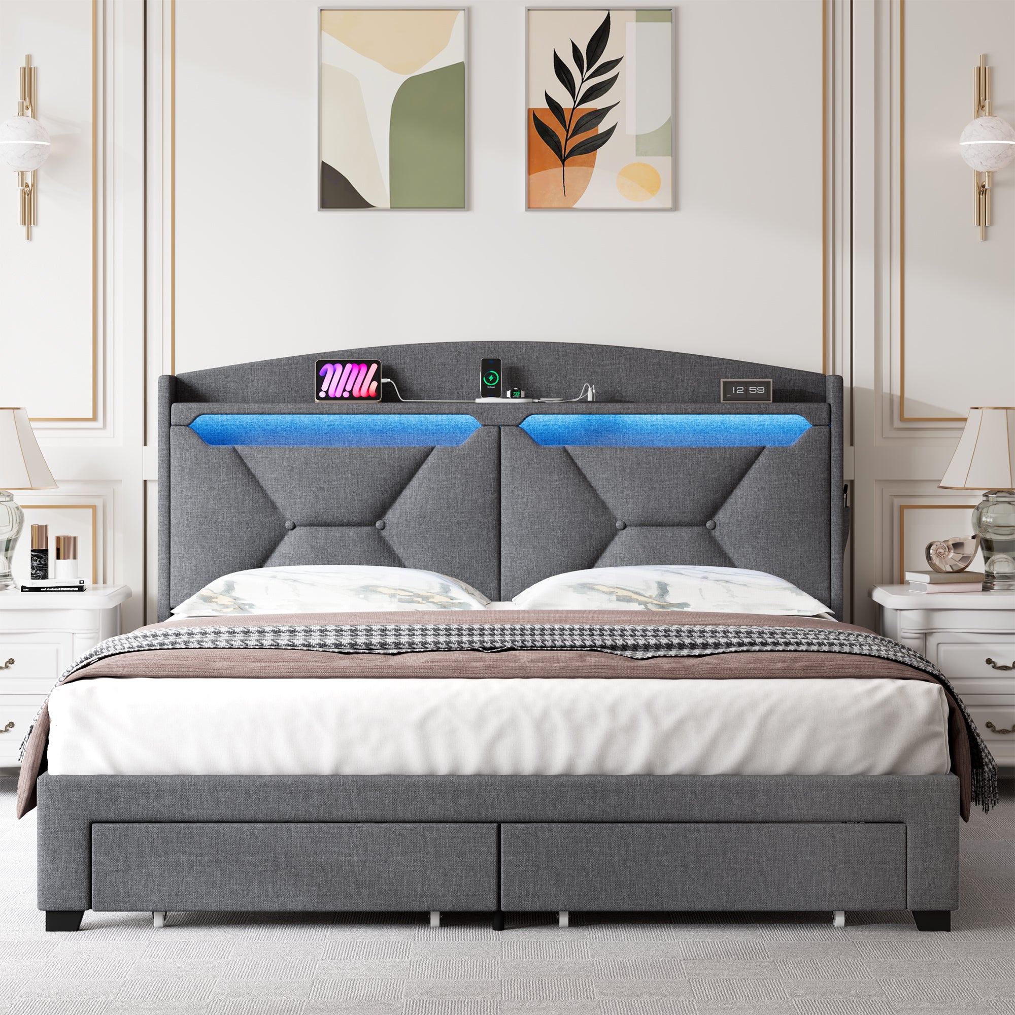 Functional Queen Storage Headboard with RF LED Lights - Bedroom Furniture