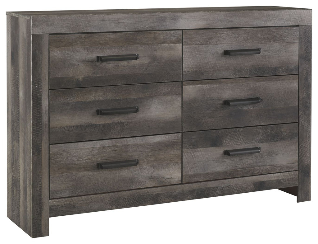 Gray dresser with six drawers and rectangular bar pulls