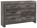 Gray dresser with six drawers and rectangular bar pulls