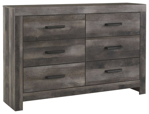 Gray dresser with six drawers and rectangular bar pulls