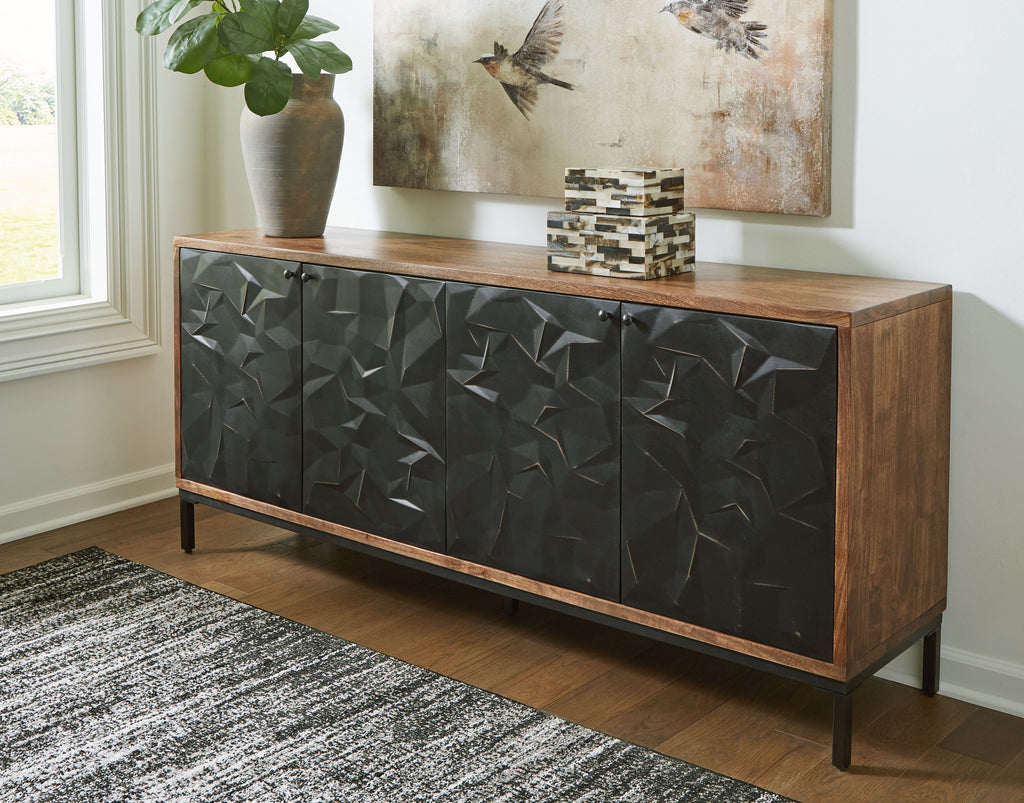 Accent cabinet with geometric black doors, wood sides, and long top rail
