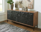Accent cabinet with geometric black doors, wood sides, and long top rail