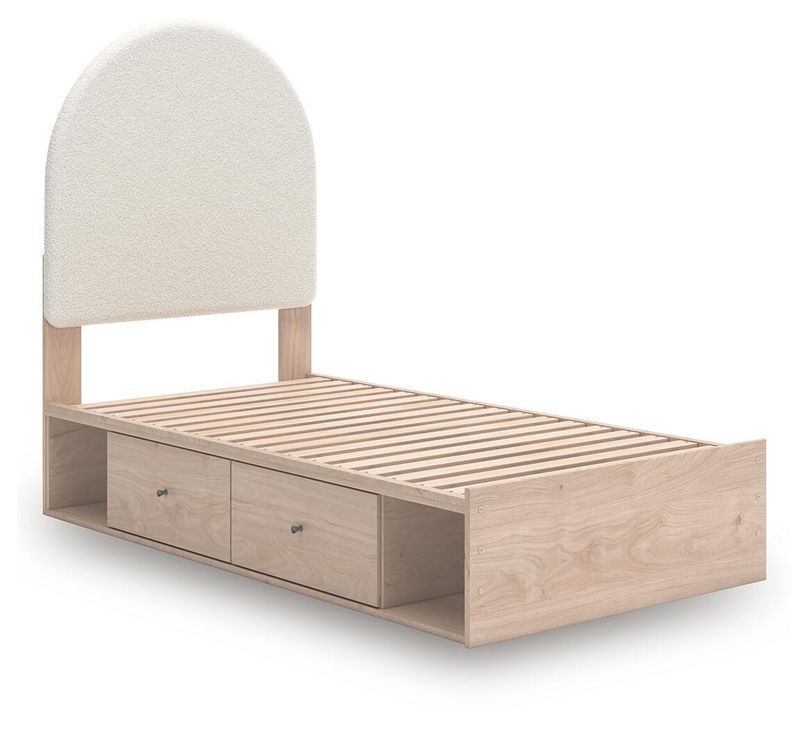 Beige upholstered panel bed frame with arched headboard and slatted base, plus two front drawers