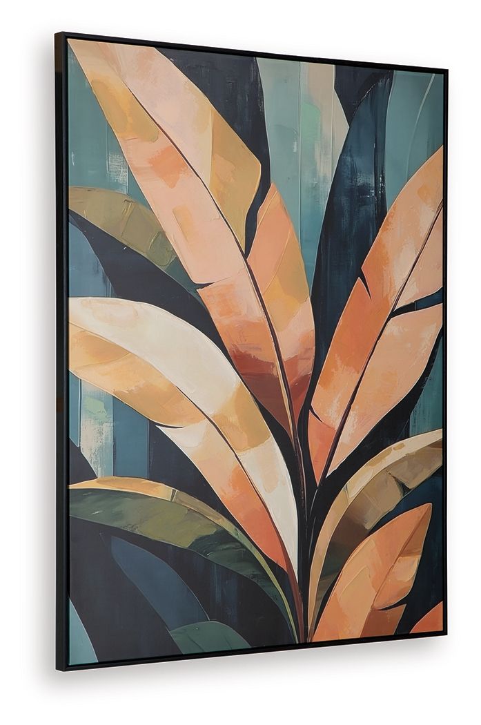 Framed abstract leaf wall art with close view of orange and cream frond strokes