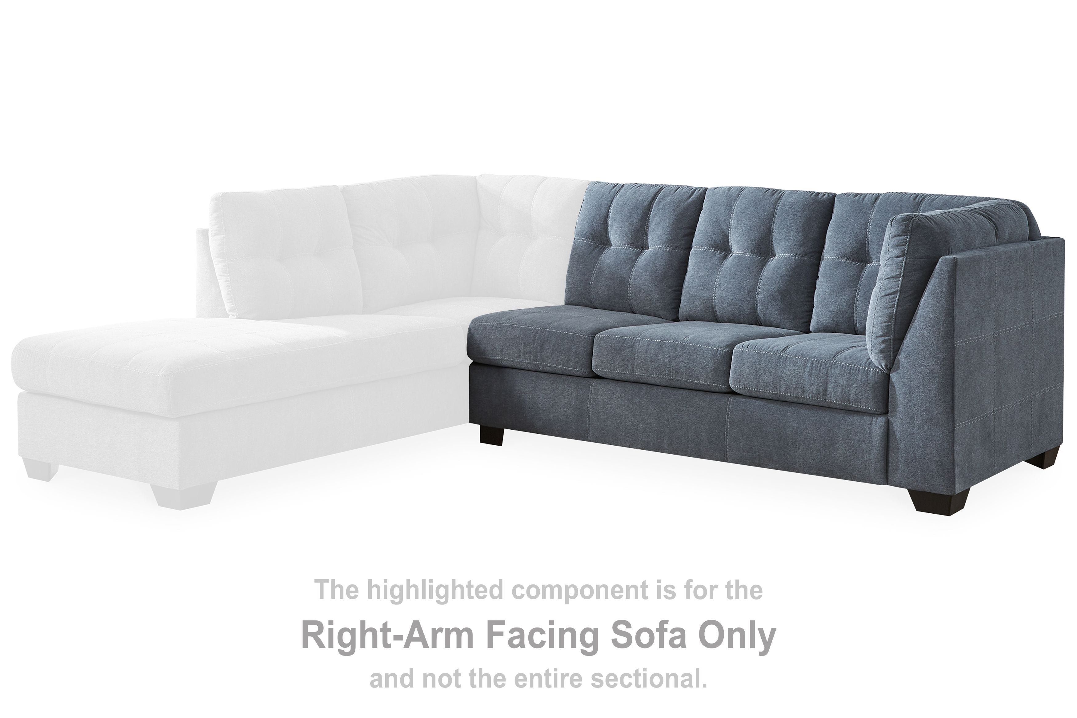 Sectional sofa with white left chaise and denim-blue right arm sofa, tufted back