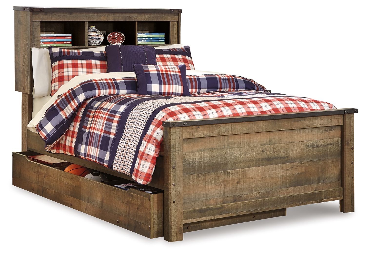 Bookcase storage bed with open shelves, under-bed storage drawer, plaid bedding