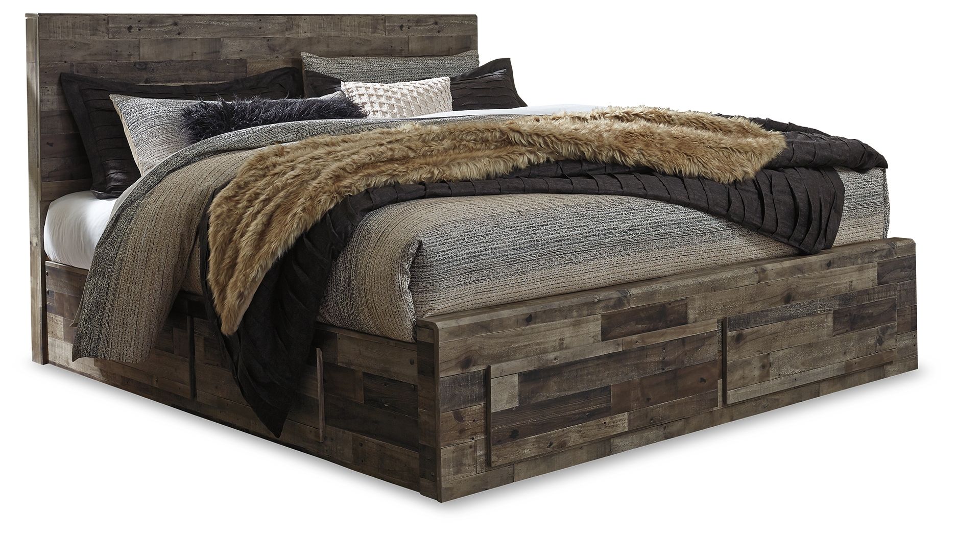 Rustic wood panel bed with tall headboard, dark bedding and layered throws