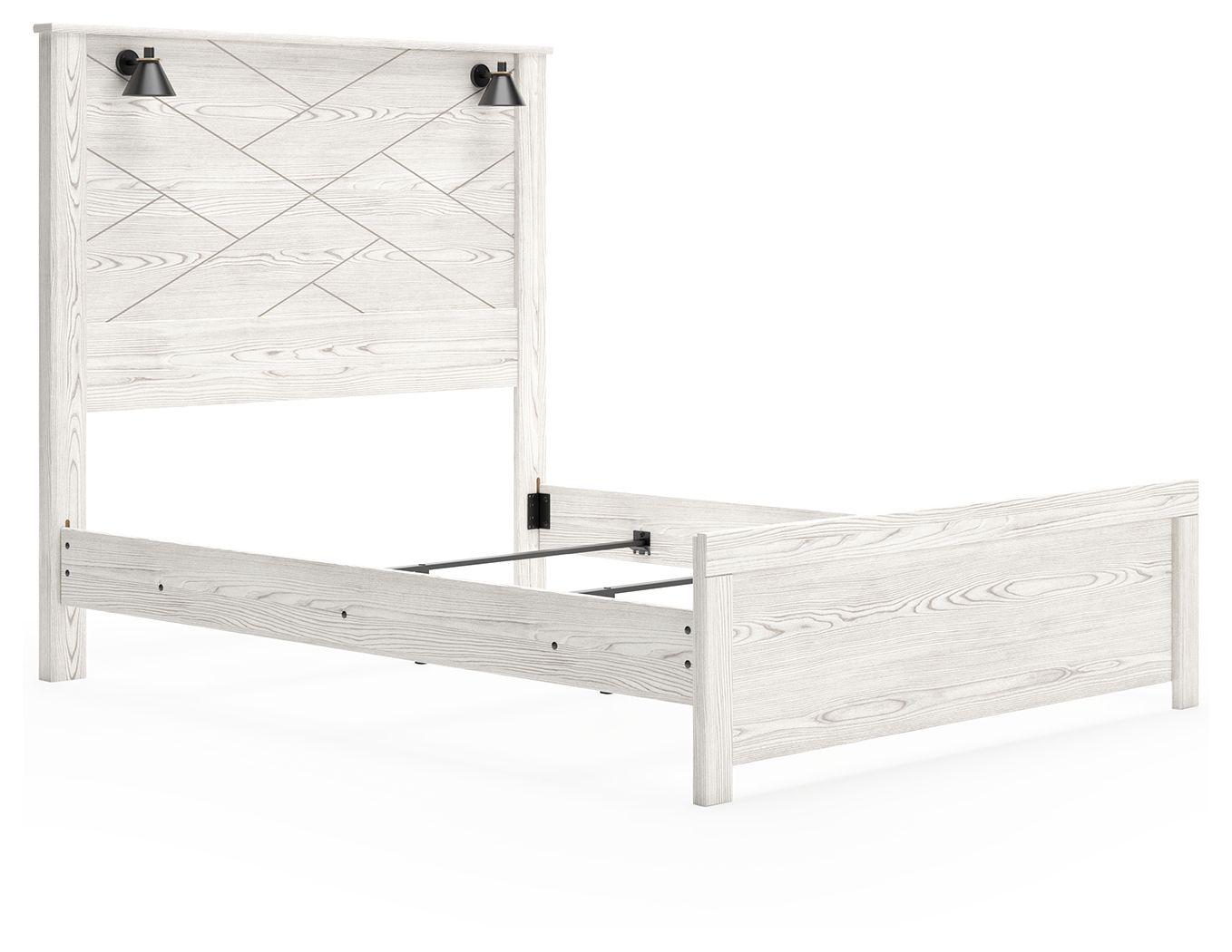 White panel bed frame with two black sconces, side view of slatted headboard