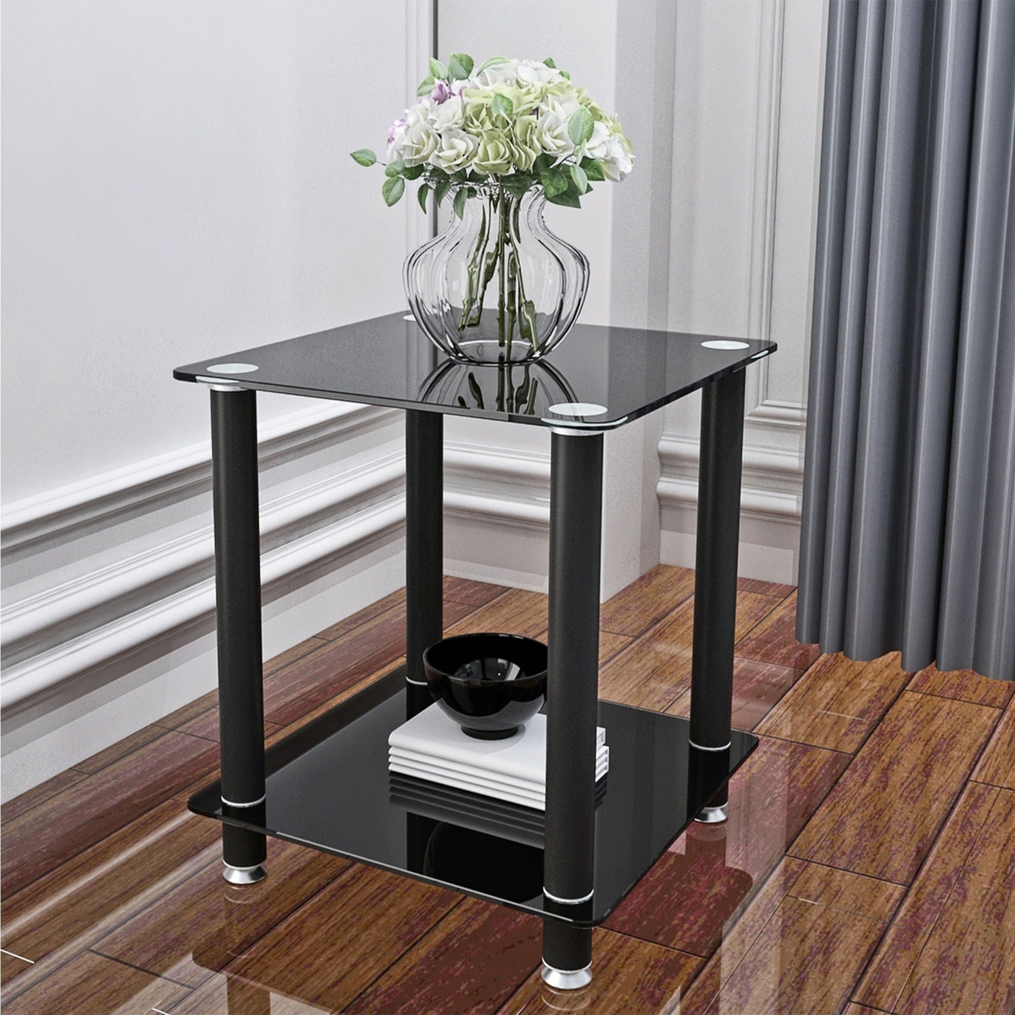 (Set of 2) Black Side Table, 2-Tier Space End Table, Modern Night Stand, Sofa Table, Side Table With Storage Shelve
