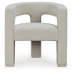 Light beige upholstered accent chair with thick arched back and cushioned seat