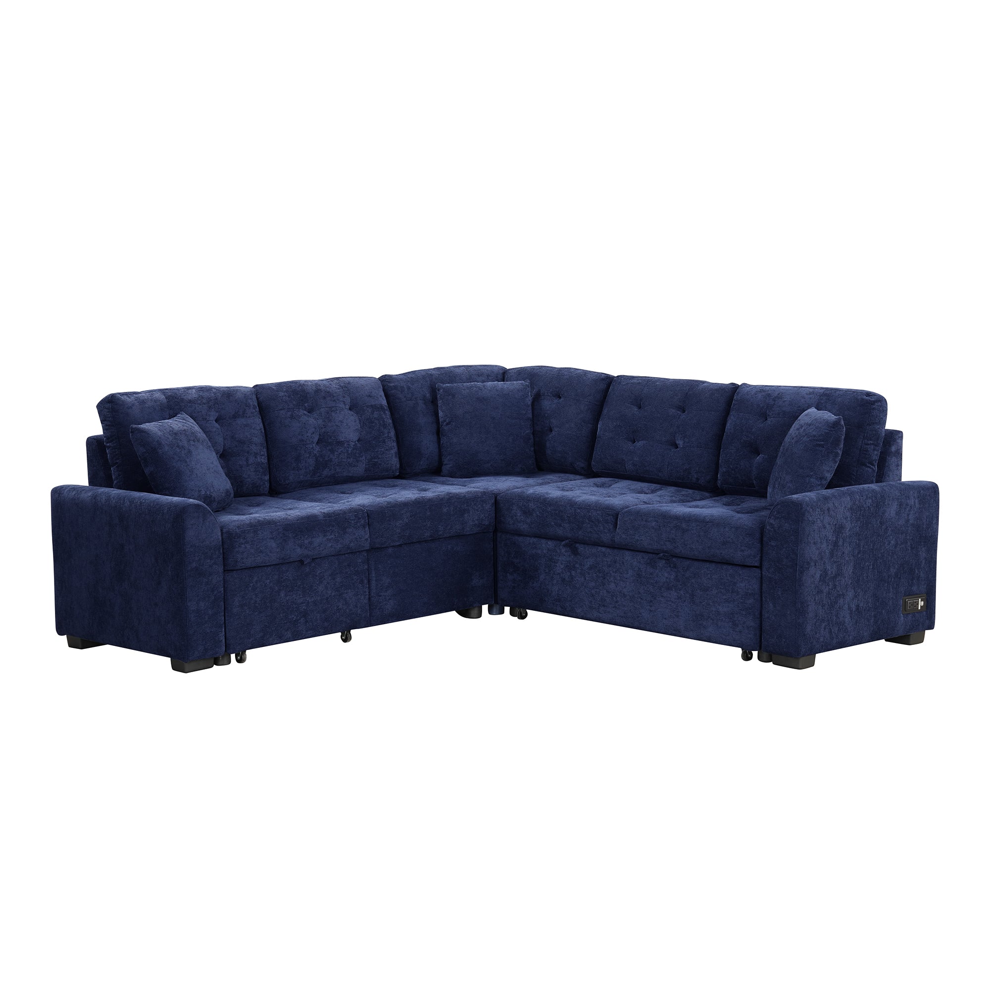 Navy Blue L-Shape Sofa Bed Pull-Out Sleeper USB Ports