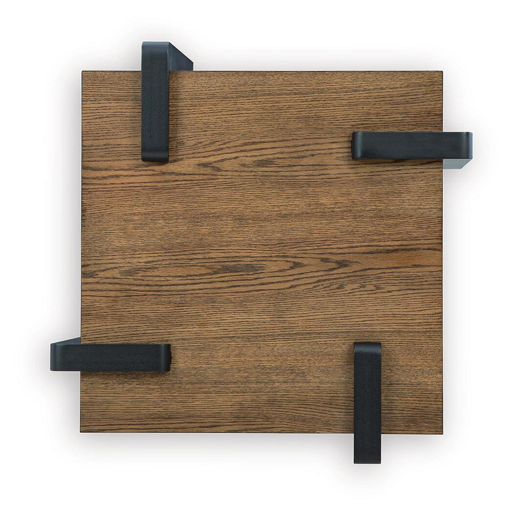Rectangular table top from above with wood grain and black metal hand grips on corners