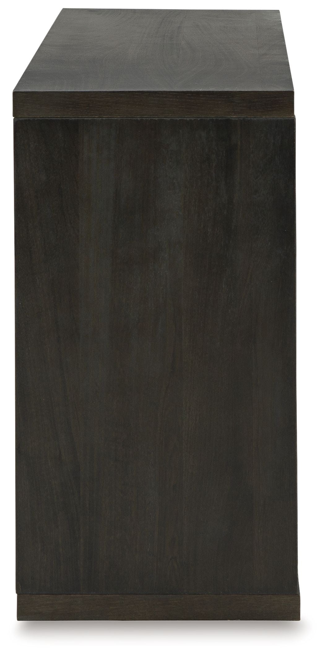 Dark console table in solid wood with flat top and bottom shelf