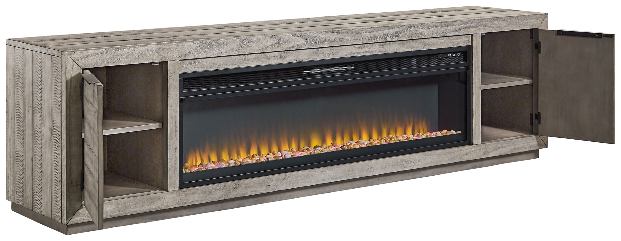 Gray TV stand with wide fireplace insert, side cabinets open to reveal shelves