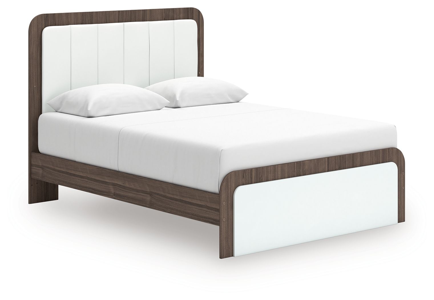 Upholstered bed with white upholstered headboard, padded sides, and dark wood frame