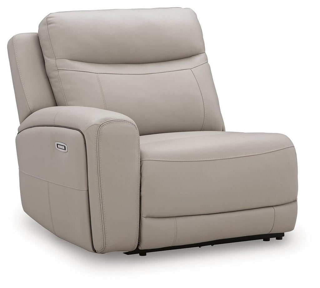 Gray power recliner chair with cushioned headrest and wide armrests