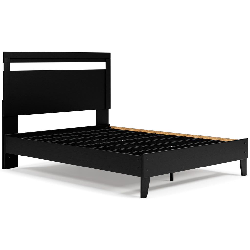 Finch panel platform bed frame in black with open slatted platform and tapered legs