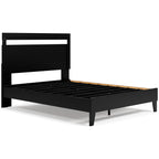 Finch panel platform bed frame in black with open slatted platform and tapered legs