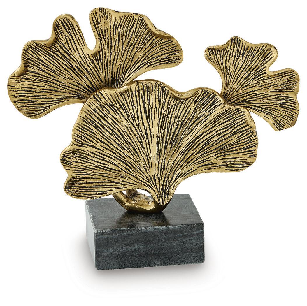 Gold-finish abstract ginkgo leaf sculpture on dark gray block base