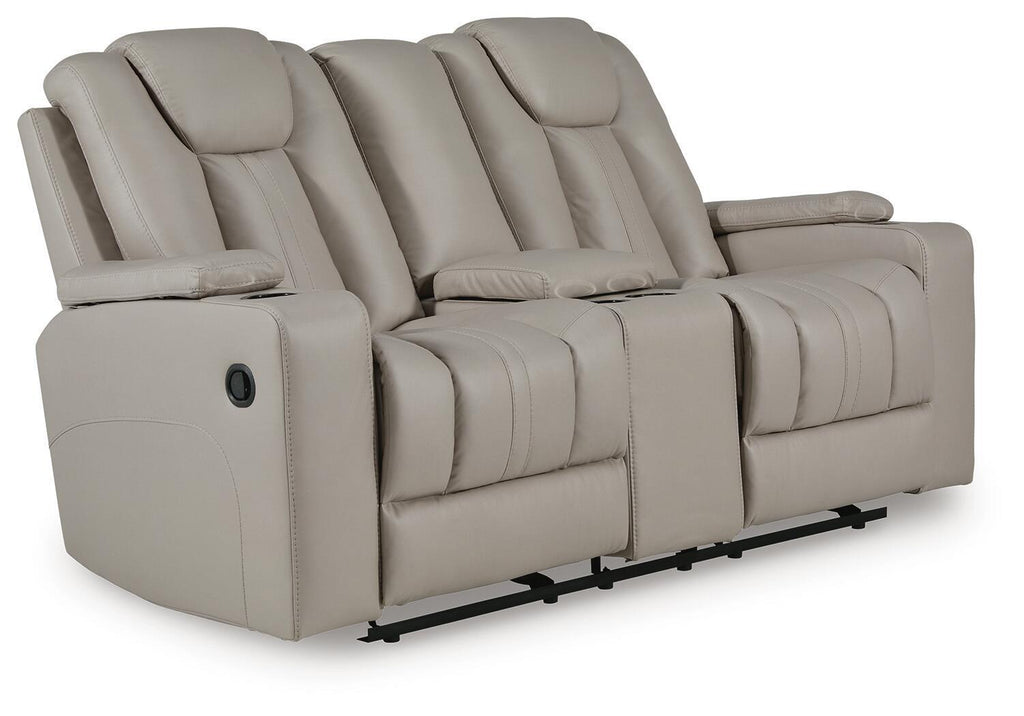 Reclining loveseat with padded footrests and split back, light beige upholstery