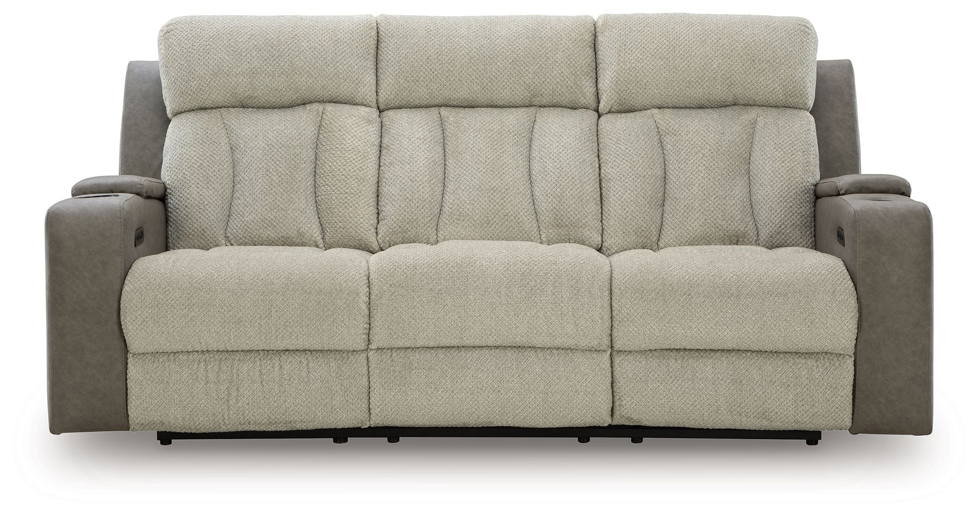 Power reclining sofa front view in light tan fabric with channel tufted back