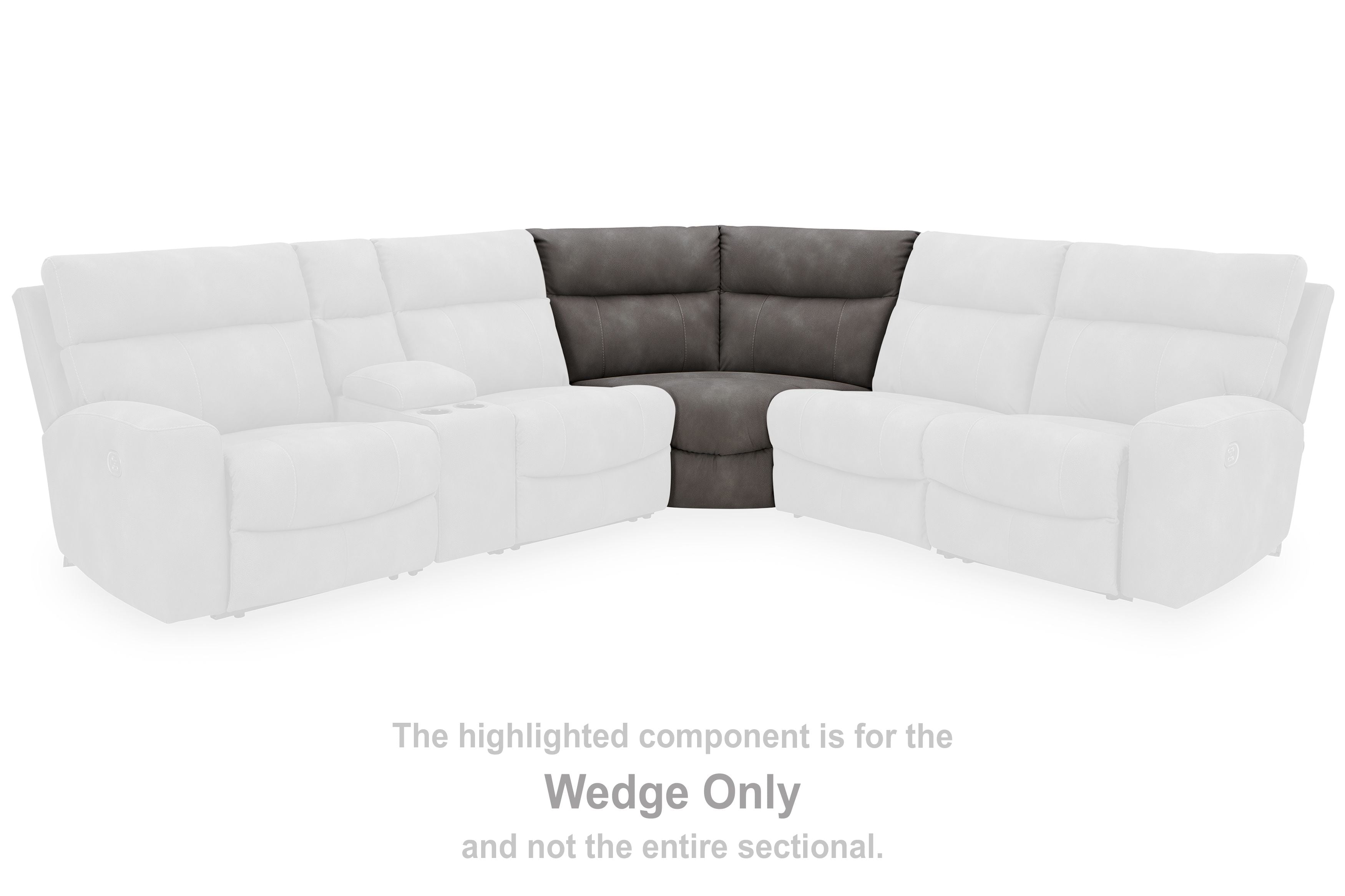 Dark gray upholstered wedge sofa section with contoured back and seat cushions