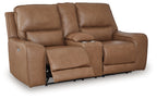 Power reclining loveseat with console and adjustable headrests, light brown upholstery