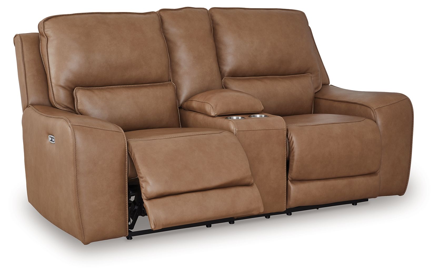 Power reclining loveseat with console and adjustable headrests, light brown upholstery