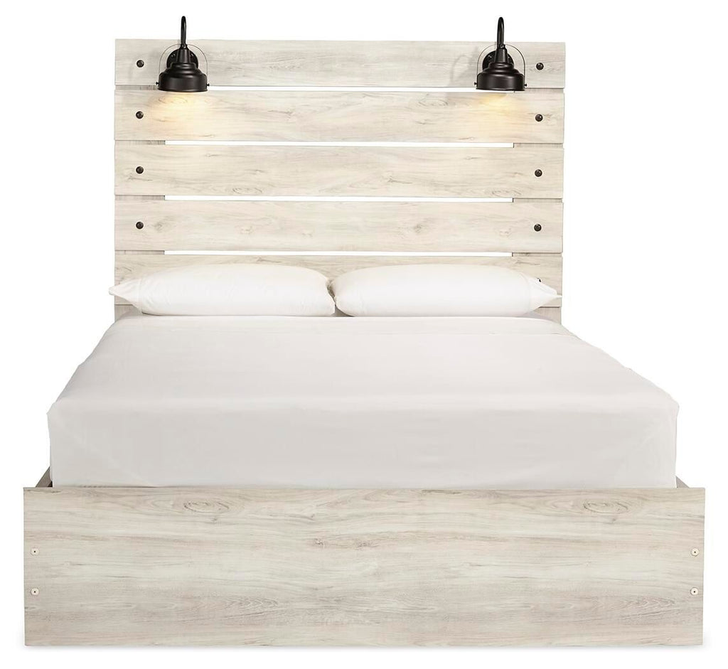 Beige panel bed with headboard, white mattress, and two matching accent pillows