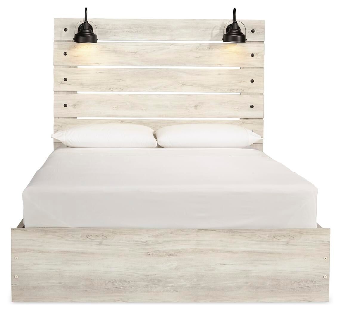 Beige panel bed with headboard, white mattress, and two matching accent pillows