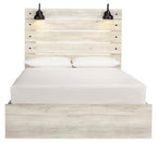 Beige panel bed with headboard, white mattress, and two matching accent pillows