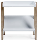 Small white bookcase with two open tiers and light wood legs