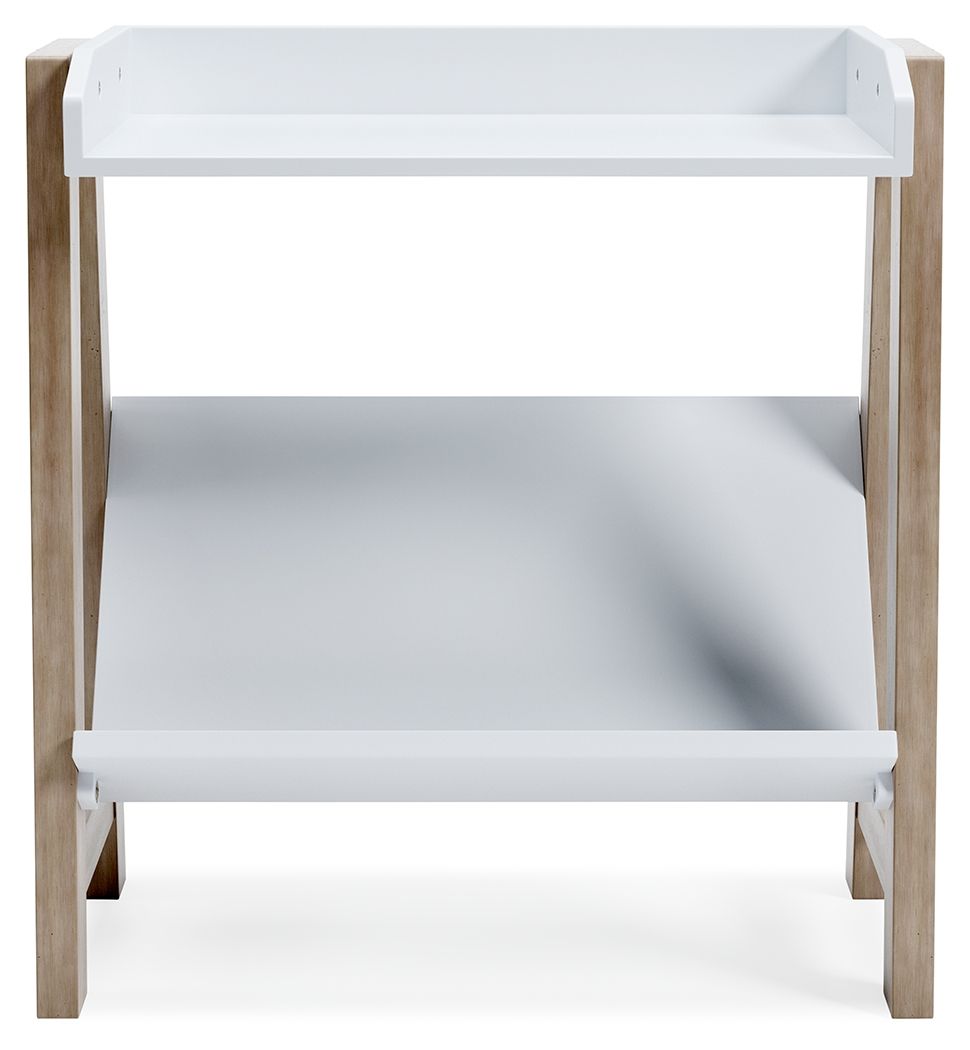 Small white bookcase with two open tiers and light wood legs