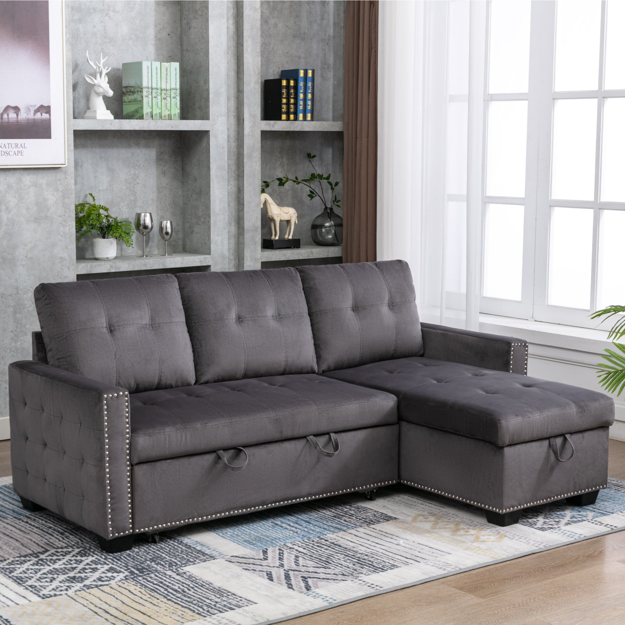 77 Inch Reversible Sectional Storage Sleeper Sofa Bed | L-Shape 2-Seat Sectional Chaise with Storage | Skin-Feeling Velvet Fabric | Dark Grey Color | Stylish Addition to Living Room Furniture