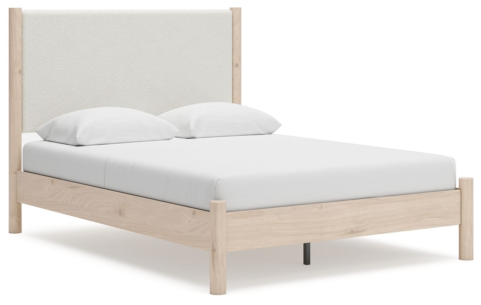 Beige upholstered panel bed with light wood frame and slatted base