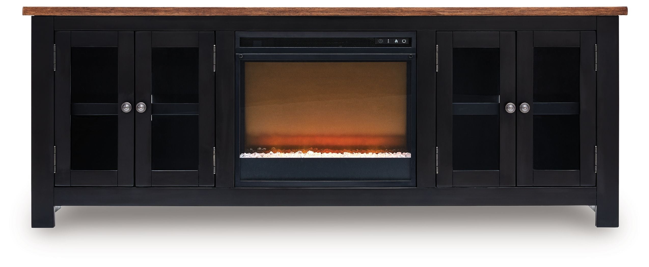 Black TV stand with electric fireplace, faux crystals insert and glass doors