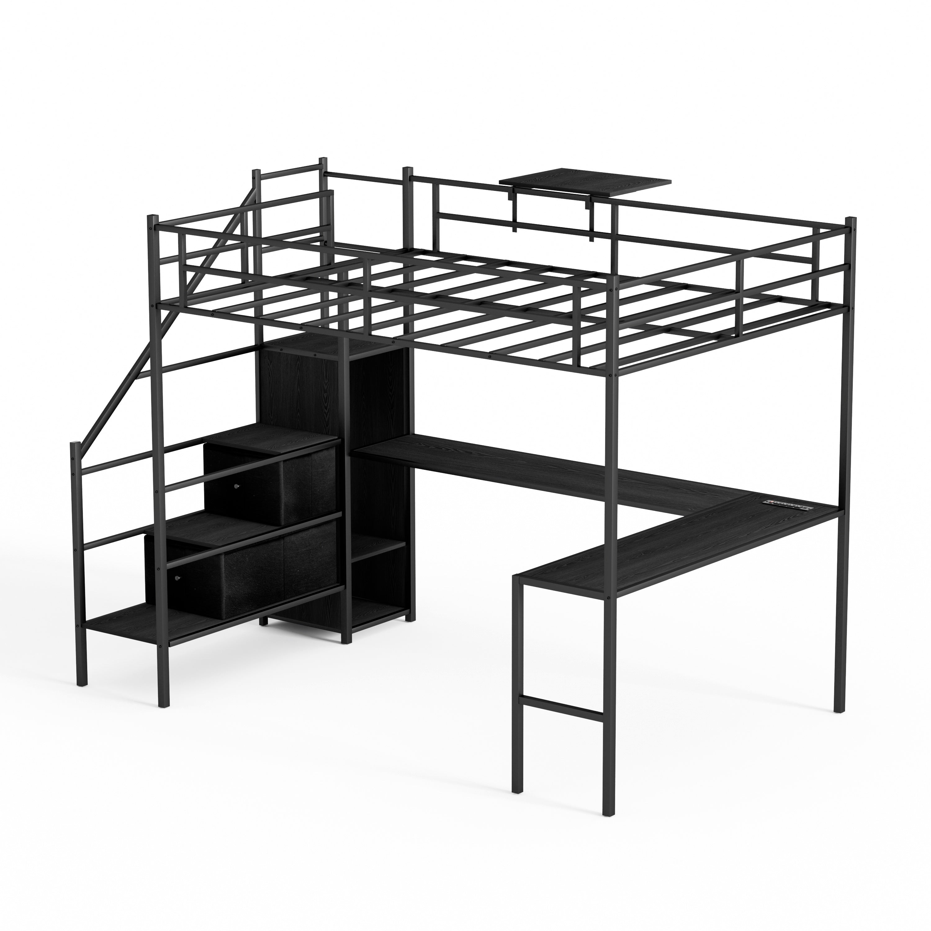 Full Size Metal Loft Bed w/ Desk & Lights
