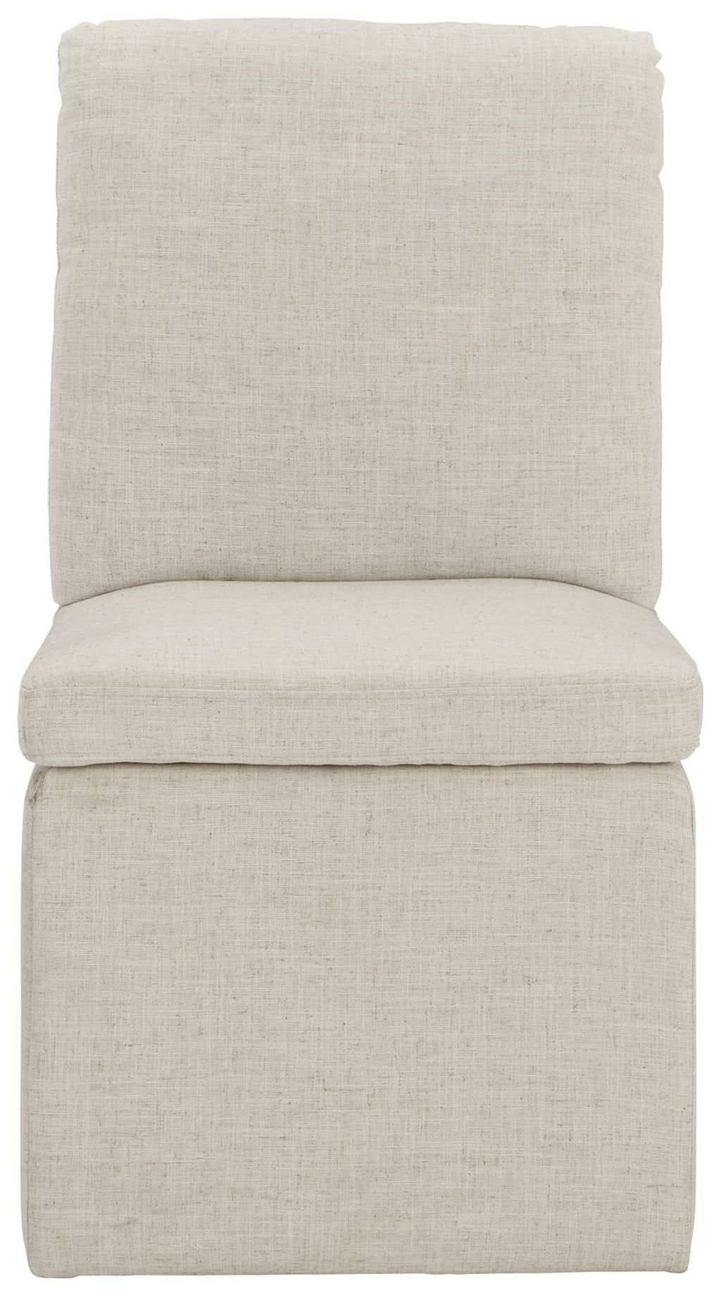 Upholstered dining side chair in oatmeal with tall back and padded seat cushion