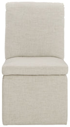Upholstered dining side chair in oatmeal with tall back and padded seat cushion