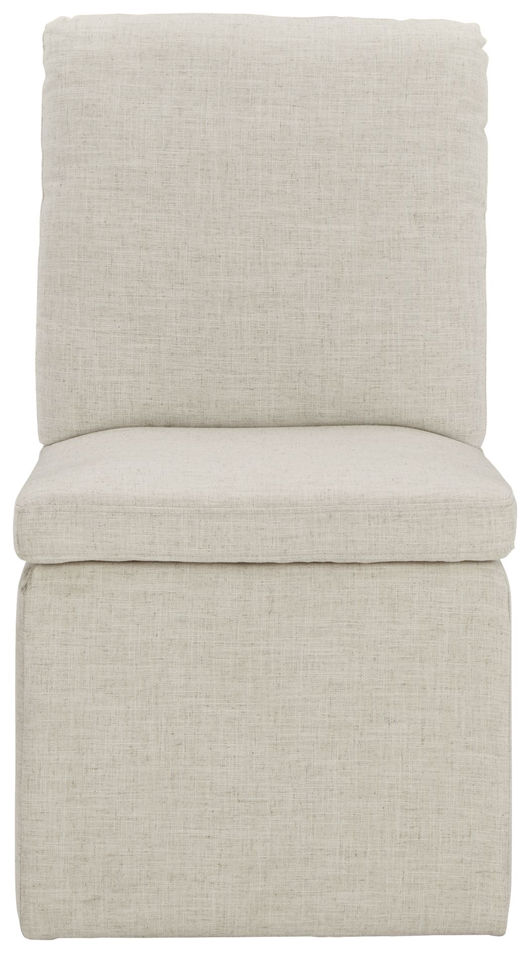 Upholstered dining side chair in oatmeal with tall back and padded seat cushion