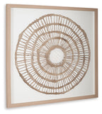 Framed circular wall decor in light wood, featuring concentric woven rope lines in brown