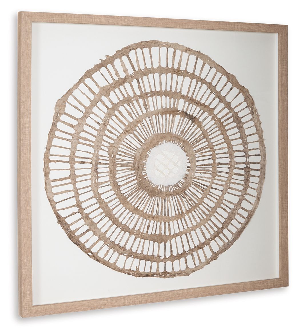 Framed circular wall decor in light wood, featuring concentric woven rope lines in brown