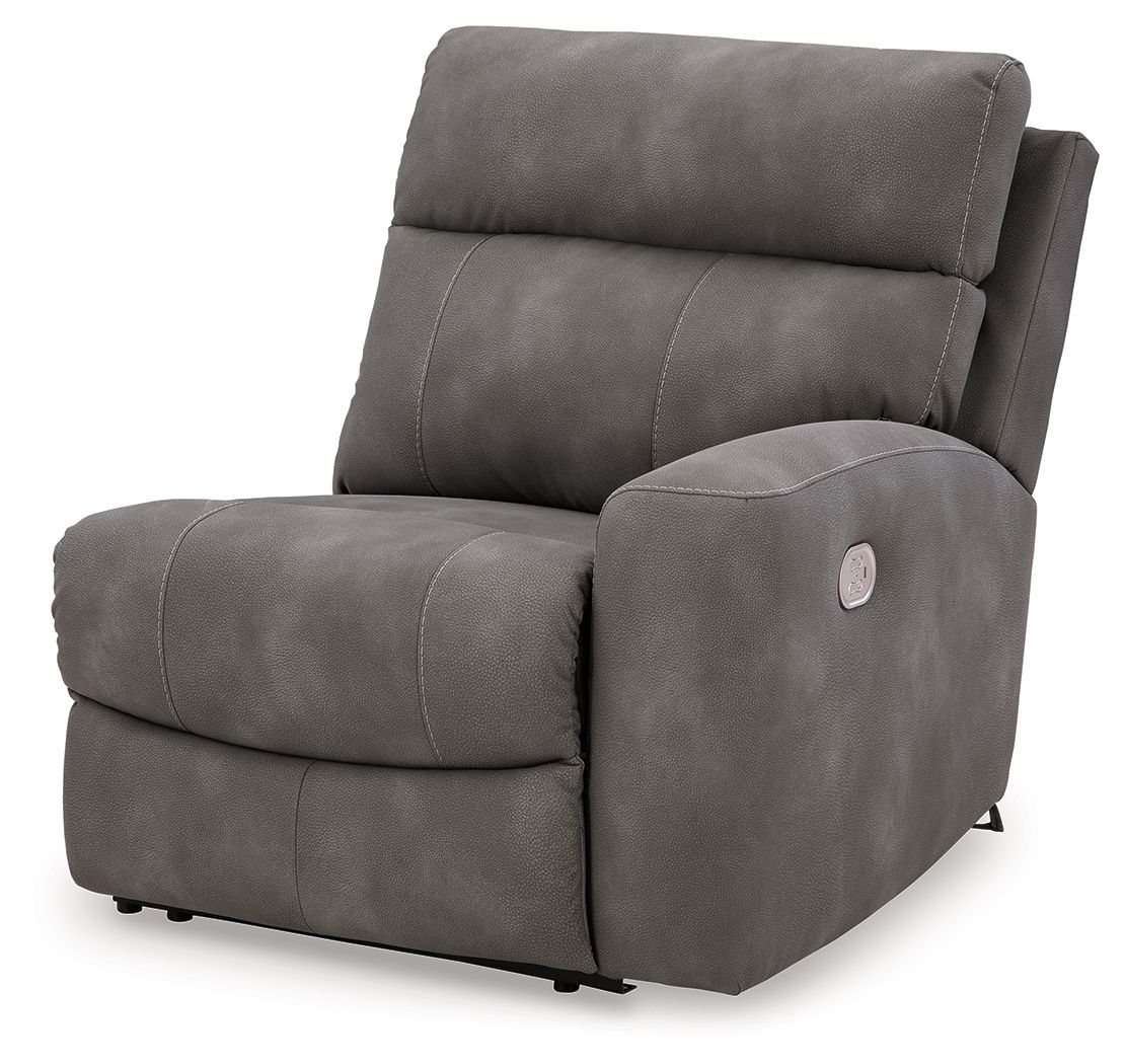 Slate gray fabric power recliner with padded headrest and armrests, front view.