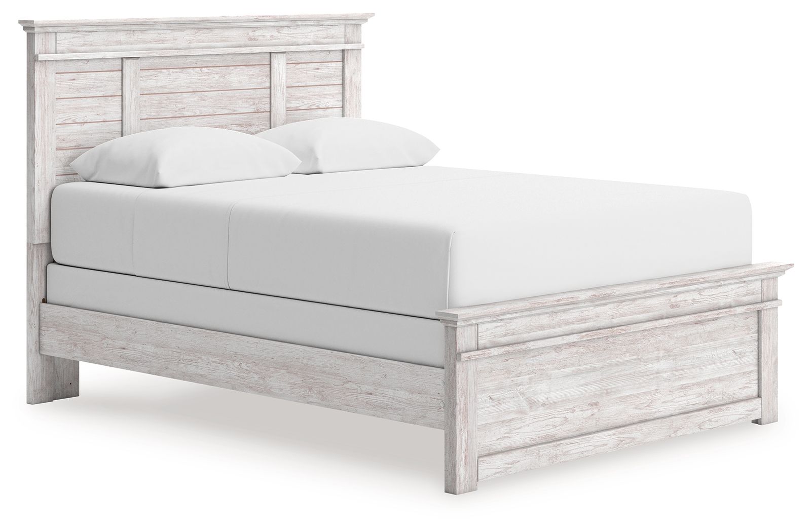 White panel bed with padded top rail and rectangular headboard panels