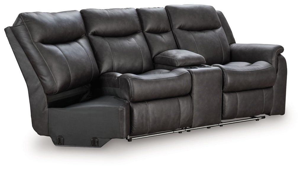 Reclining loveseat with split back cushions, dark gray faux leather, pull-out footrests