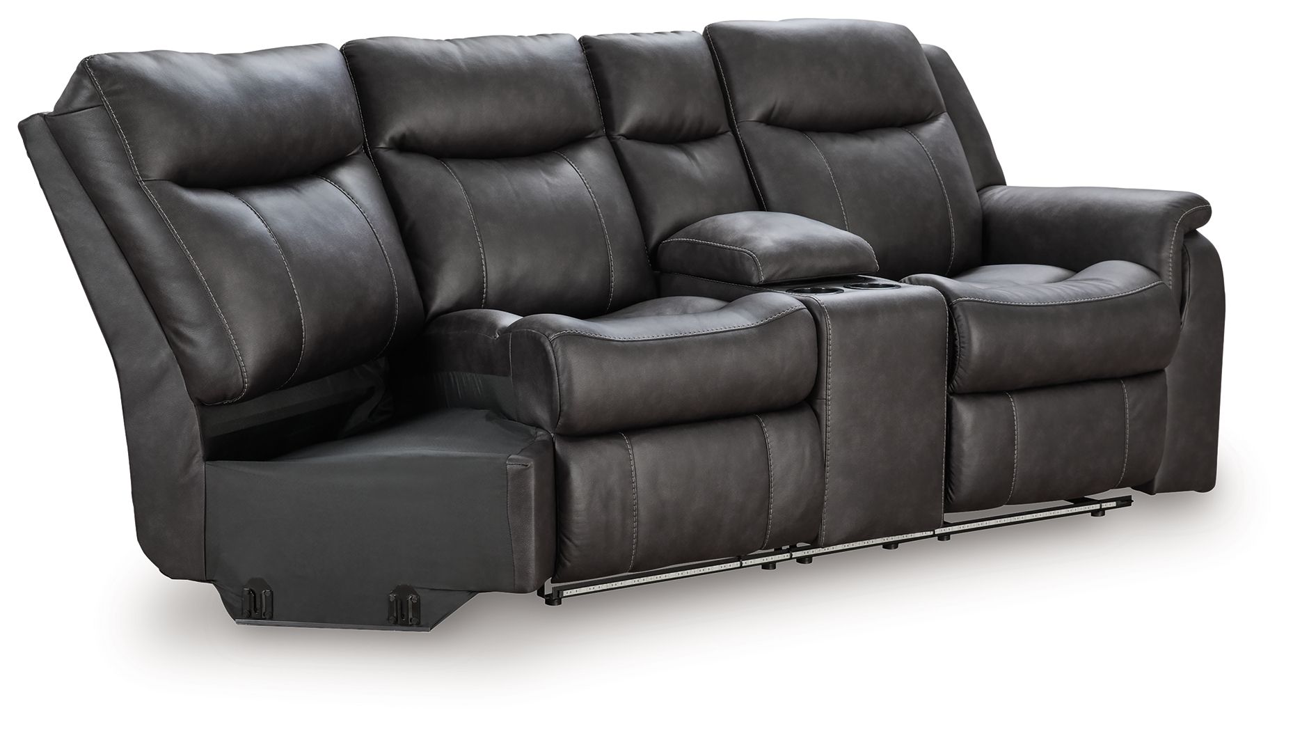 Reclining loveseat with split back cushions, dark gray faux leather, pull-out footrests
