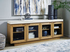 Light brown accent cabinet with four cubby shelves and open front doors, side view